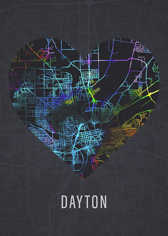 City Mixed Media - Dayton Ohio City Heart Street Map Love Dark Mode by Design Turnpike