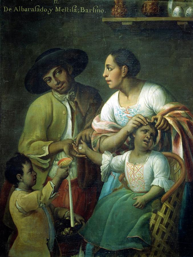 Clothing Painting - De Albarazado y Mestiza Barzino, 1763. by Album