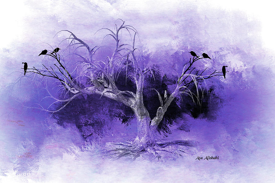 Tree Mixed Media - Dead Tree And Black Birds by Ata Alishahi