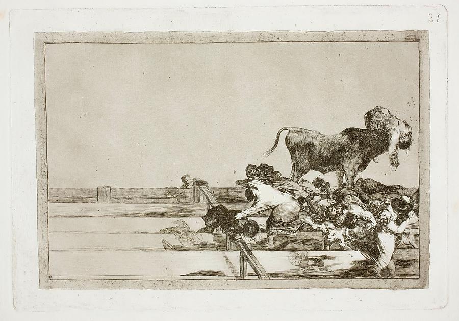 Stamp Painting - Death of the Alcalde of Torrejon, on the Stone seats in the bull... by Francisco de Goya -1746-1828-