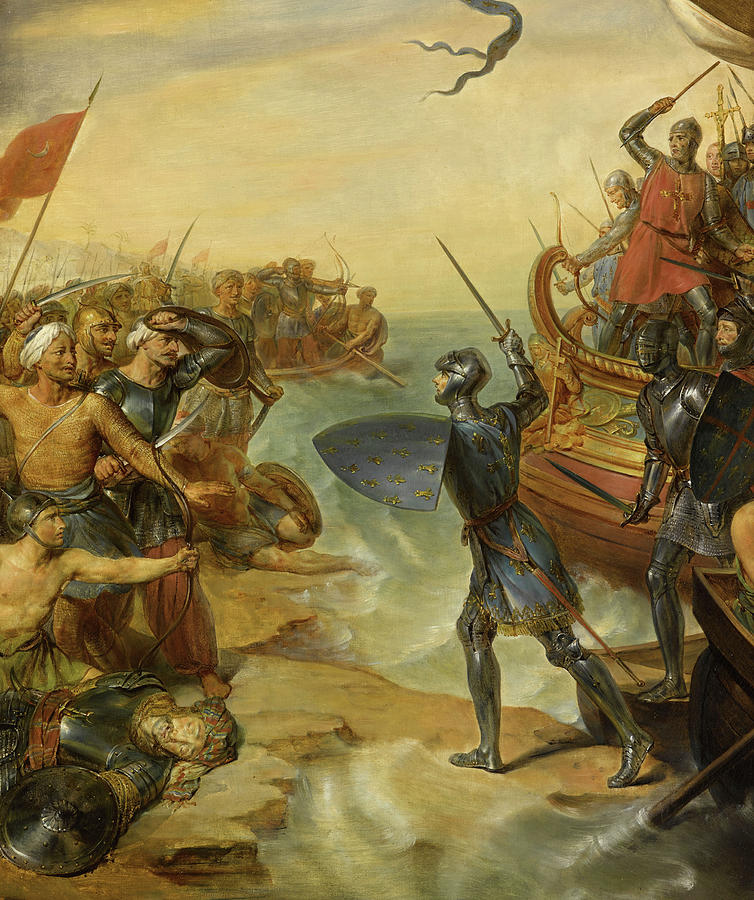 Siege Painting - Debarquement De Saint Louis, A Damiette En Egypte, 1249 by Georges Rouget Siege Painting - Debarquement De Saint Louis, A Damiette En Egypte, 1249 by Georges Rouget