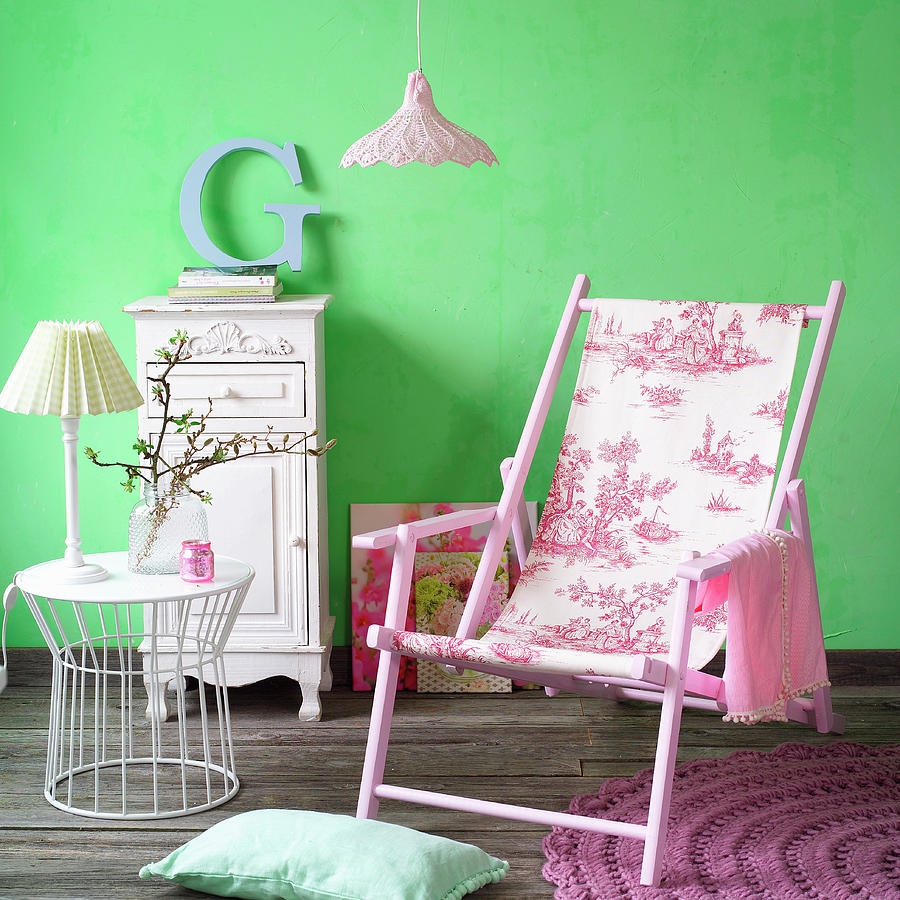 Summer Photograph - Deck Chair With Toile-de-jouy Fabric Seat In Front Of Green Wall by Flowers & Green
