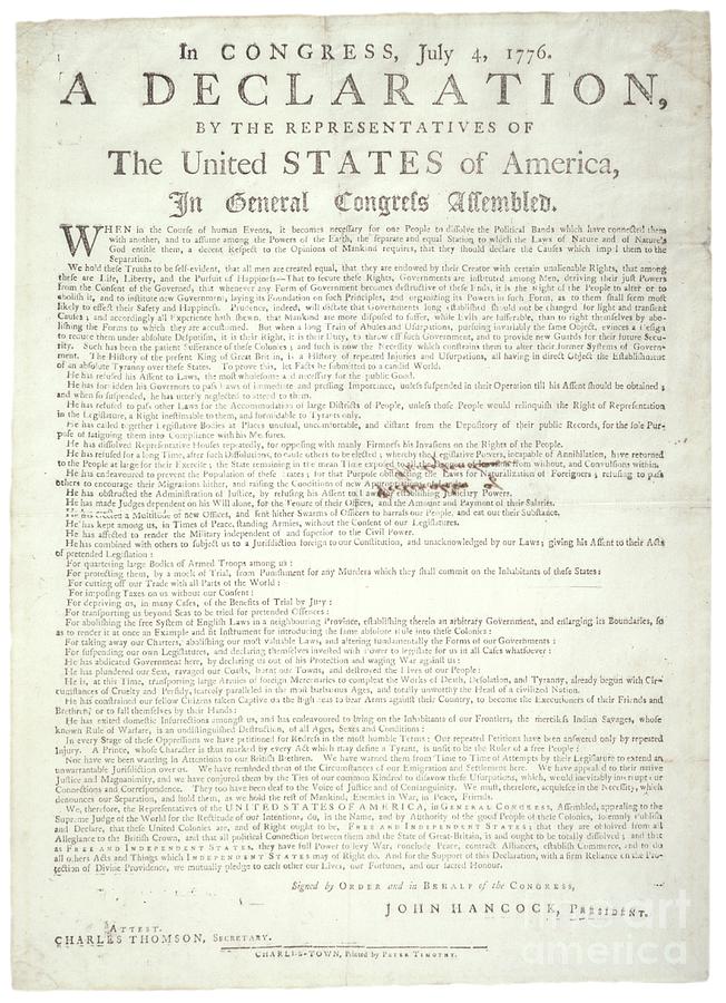 Declaration Of Independence, Charleston, Printed By Peter Timothy 