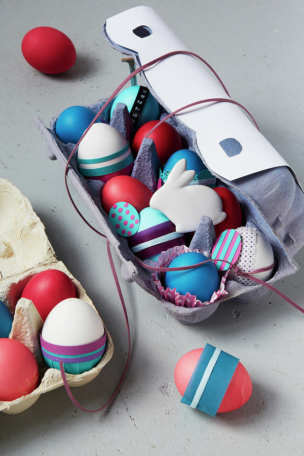 Decorated Easter Eggs And Easter Bunny In Egg Boxes Photograph by Heidi Frhlich