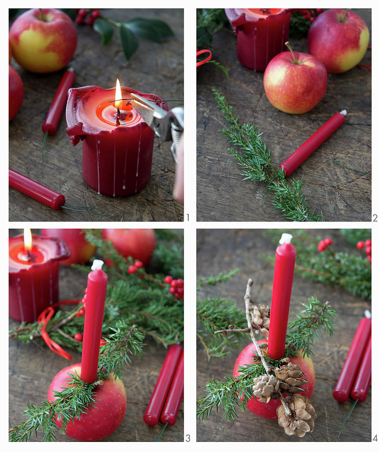 Decorating Christmas Apples With Candles, Larch Cones And Juniper Sprigs Photograph by Martina Schindler