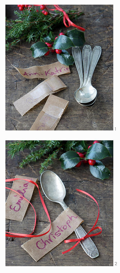 Decorating Silver Spoons With Name Tags, Red Ribbons And Juniper Sprigs Photograph by Martina Schindler