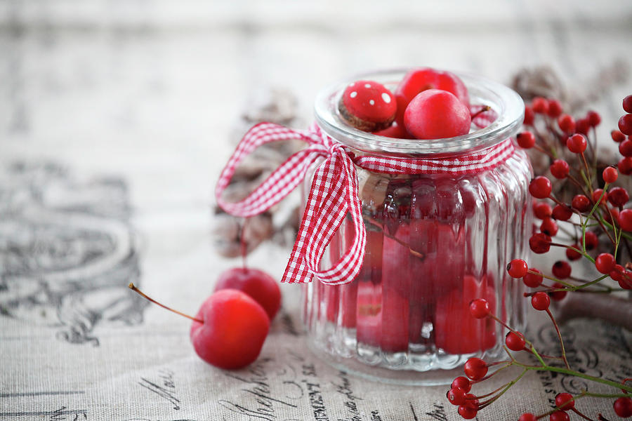 Decoration In A Glass With Ornamental Apples And Rose Hips Photograph by Sonja Zelano