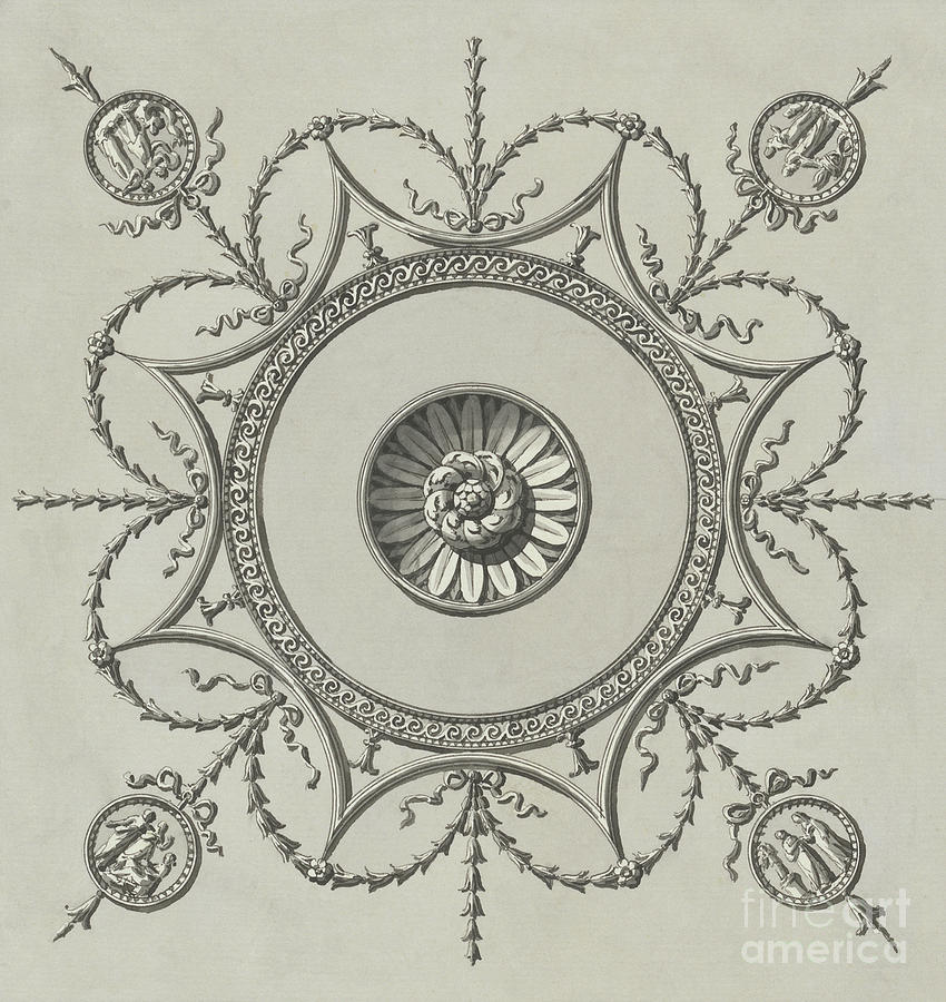 Decorative ceiling medallion Design for the ceiling of the staircase, Headfort House Drawing by Robert Adam