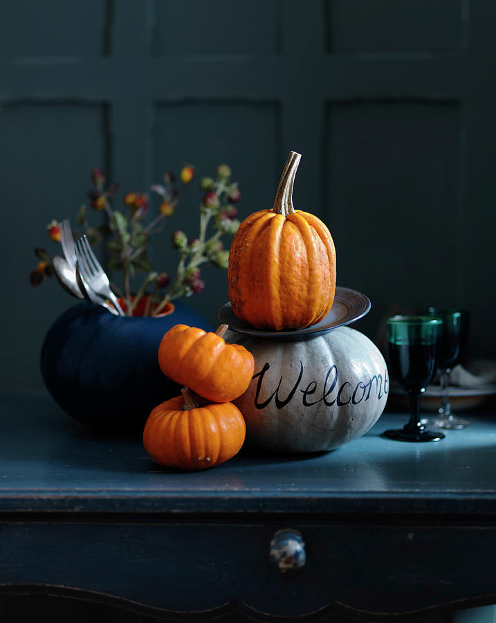 Decorative Pumpkins With Cutlery, Flowers, And Glasses Of Wines Photograph by Karen Thomas