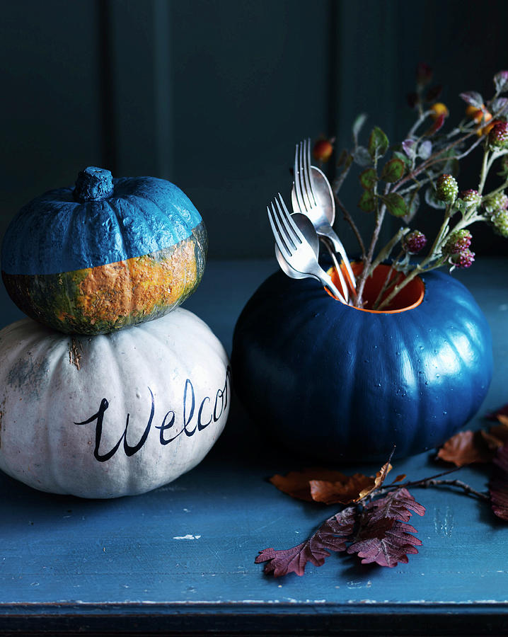 Decorative Pumpkins With Leaves And Cutlery Photograph by Karen Thomas