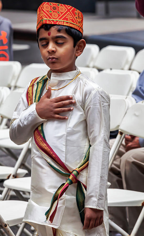 Deepavali NYC 10_6_19 Young Boy Standing for National Anthem Photograph by Robert Ullmann