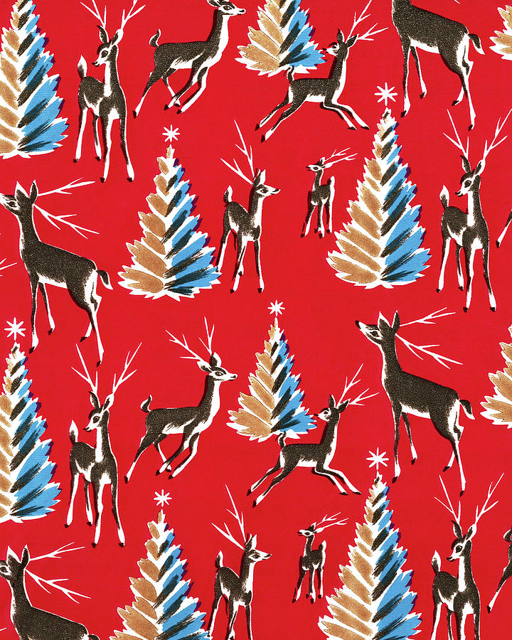 Christmas Drawing - Deer and Pine Tree Pattern by CSA Images