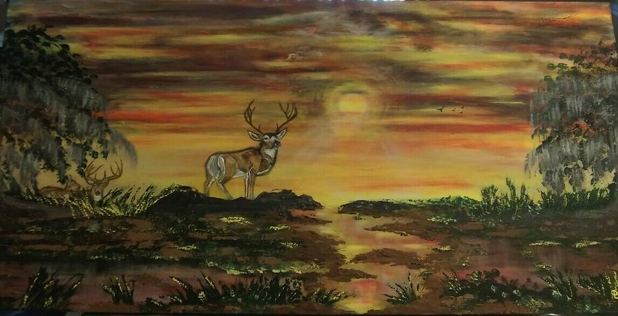 Deer At Sunset Painting