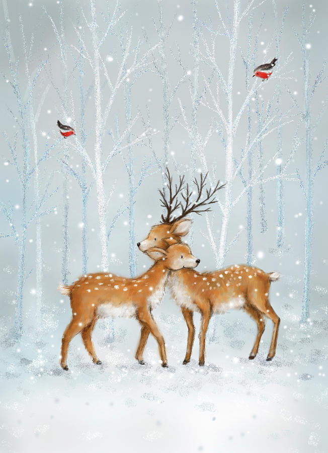Winter Mixed Media - Deer Couple In Wood by Makiko