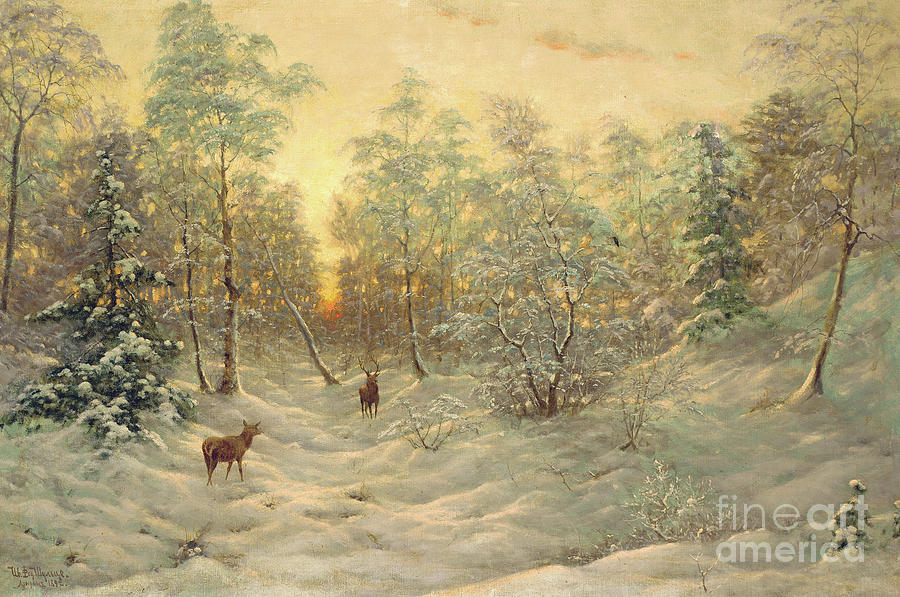 Deer in a snowy landscape at dusk Painting by Ivan Fedorovich Choultse