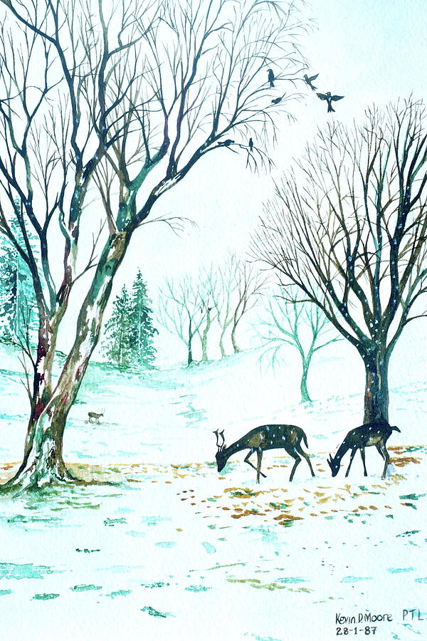 Deer in Winter Painting by Kevin Derek Moore