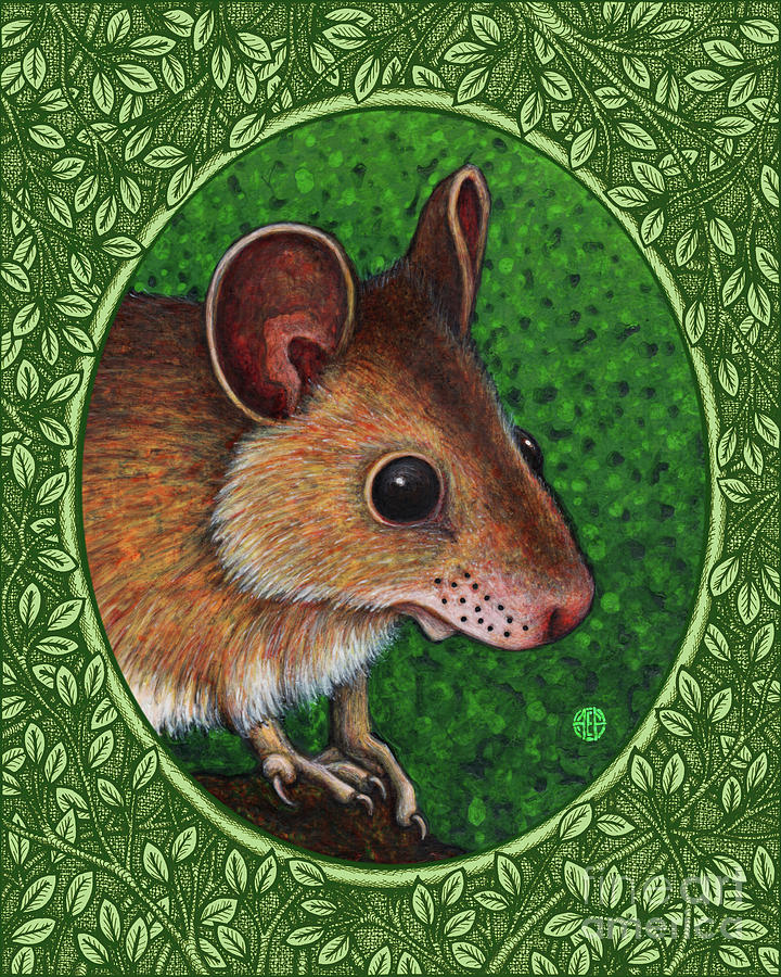 Deer Mouse Portrait - Green Border Painting by Amy E Fraser