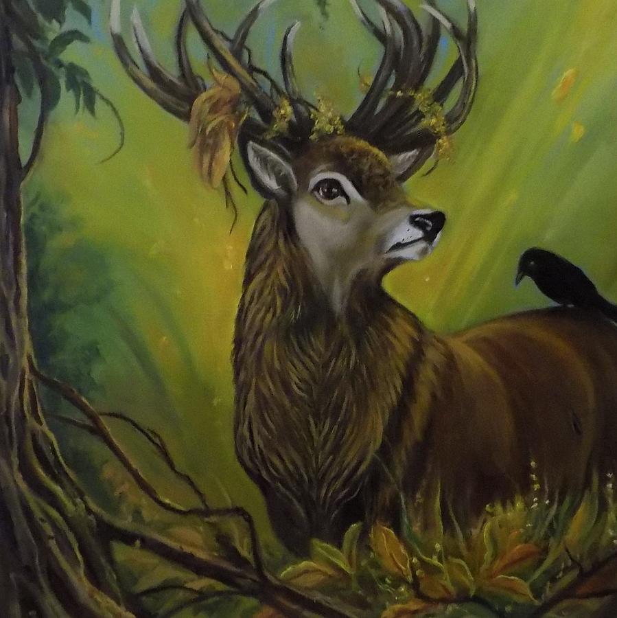 Wildlife Painting - Deer Stag And The Crow by Janet Silkoff Wildlife Painting - Deer Stag And The Crow by Janet Silkoff