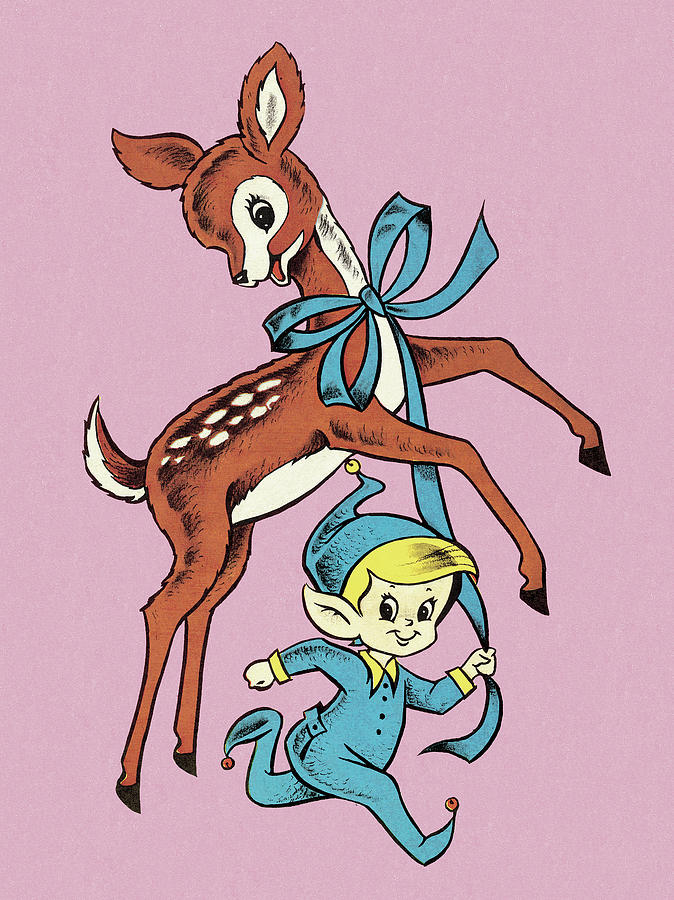 Christmas Drawing - Deer with Elf by CSA Images