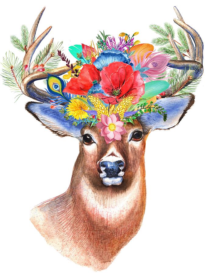 Deer Digital Art - Deer with Flower Crown Boho Design by Magdalena Walulik