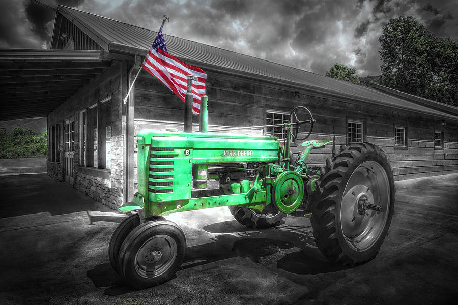 Deere Black and White with Color Selected Green and Red, White,  Photograph by Debra and Dave Vanderlaan