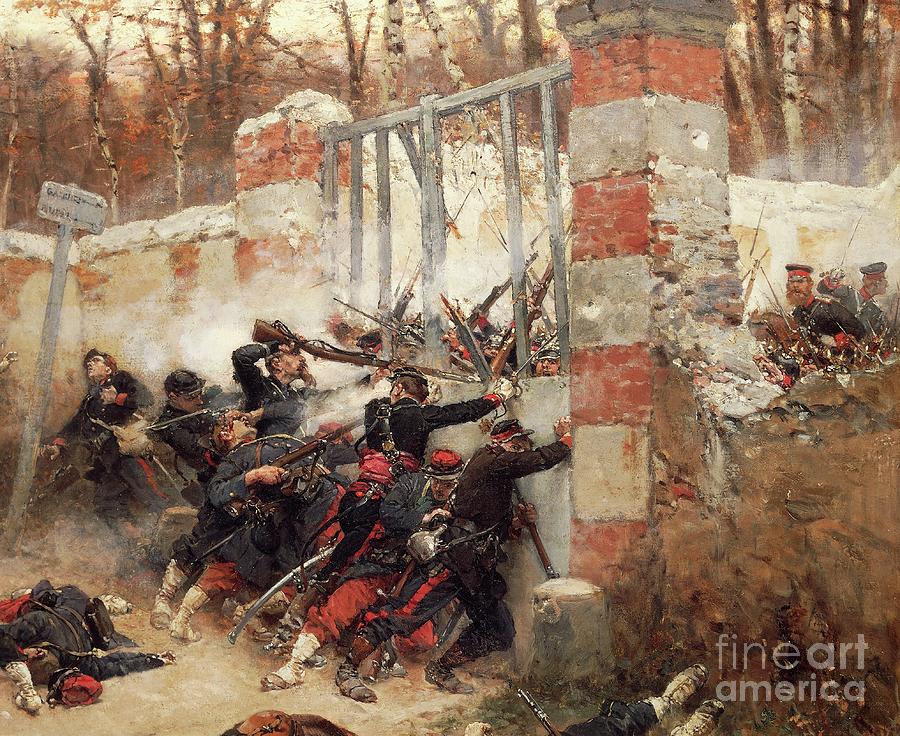 Defence Of Longboyaus Gate, Chateau Of Buzenval, October 21, 1870 Painting by Alphonse Marie De Neuville