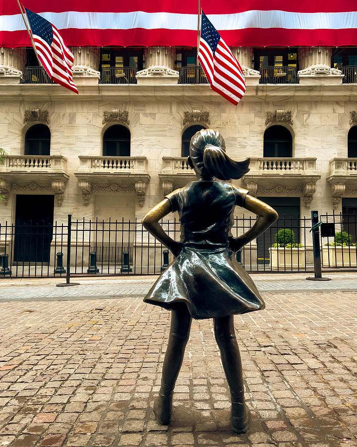 Street Photograph - Defiant Girl Statue Vs New York Stock Exchange by Joshua Leeman