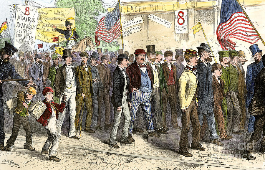 Vintage Drawing - Defile Workers On Strike To Obtain 8 Hours Of Work A Day In New York, Usa 1872 Colouring Engraving Of The 19th Century by American School