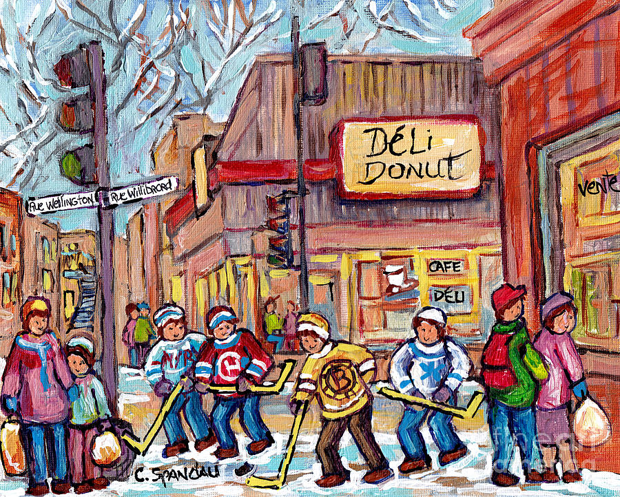 Deli Donuts Wellington And Willibrord Verdn Montreal Hockey Art Winter Scene Painting C Spandau Art  Painting by Carole Spandau