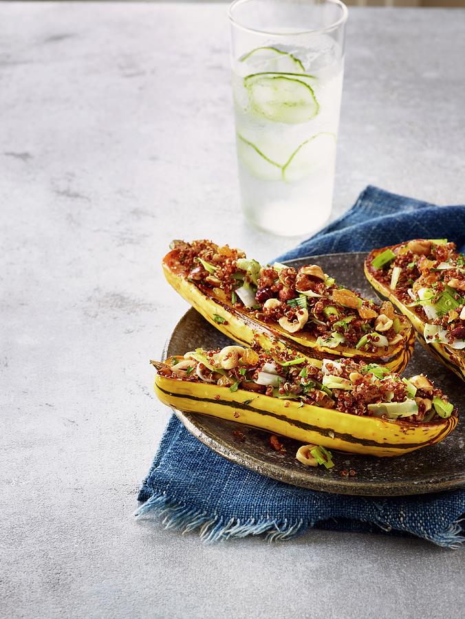 Delicata Squash Stuffed With Quinoa, Leek And Hazelnuts Photograph by Leigh Beisch