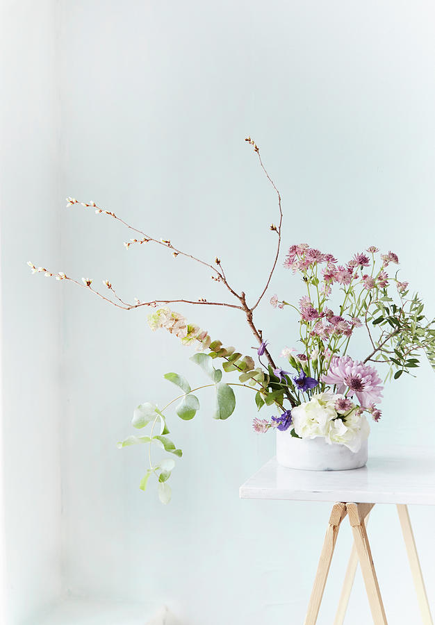 Delicate Flower Arrangement With Astrantia And Eucalyptus Photograph by Nicoline Olsen