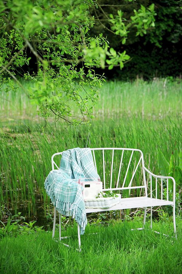 Delicate, White Metal Garden Bench With Blanket And Seat Cushion In Meadow In Rural Surroundings Photograph by Winfried Heinze