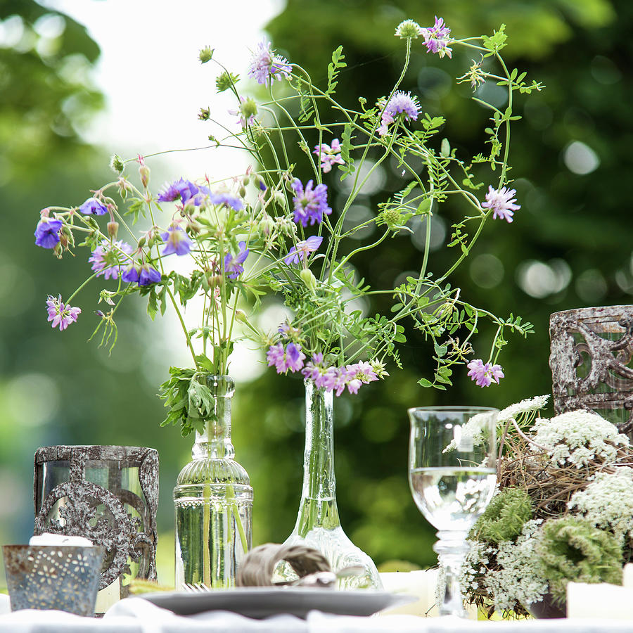 Delicate Wildflowers In Shades Of Purple In Glass Vases On Set Garden Table Photograph by Bildhbsch