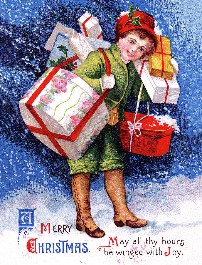Delivery boy with gifts on snow Digital Art by Long Shot