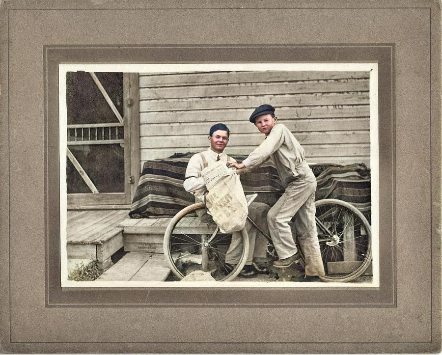 Denver Colorado Newsboy On Bicycle Delivering Denver Post Vintage 1910 3 Colorized By Ahmet Asar Painting