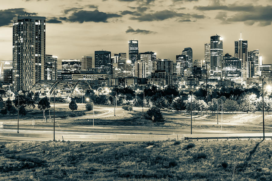 Denver Colorado Skyline at Dawn in Sepia Monochrome Photograph by Gregory Ballos