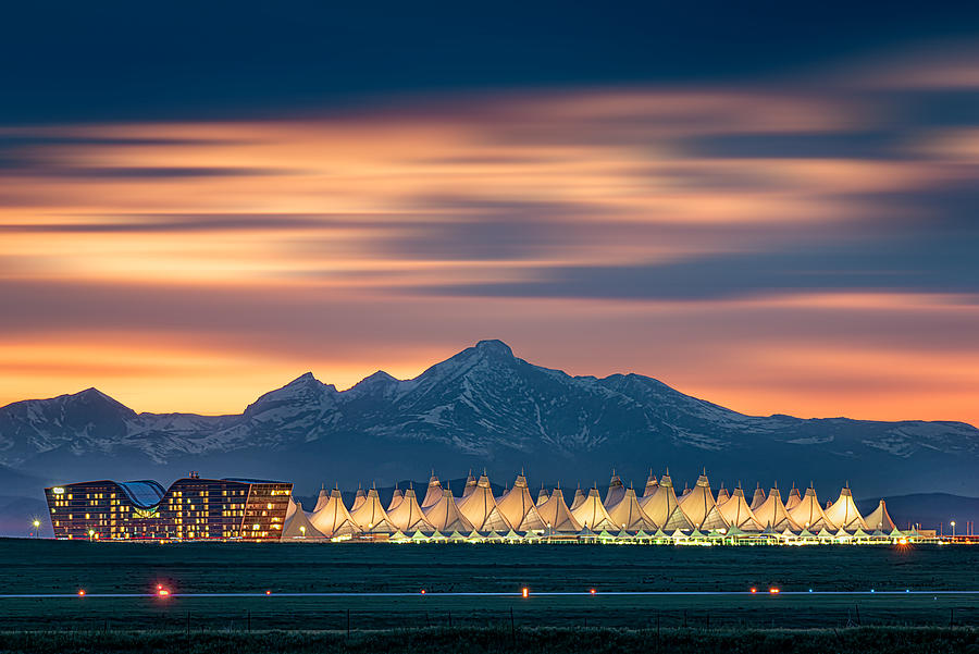 Architecture Photograph - Denver International Airport In Dusk With Longs Peak As Background by Mei Xu