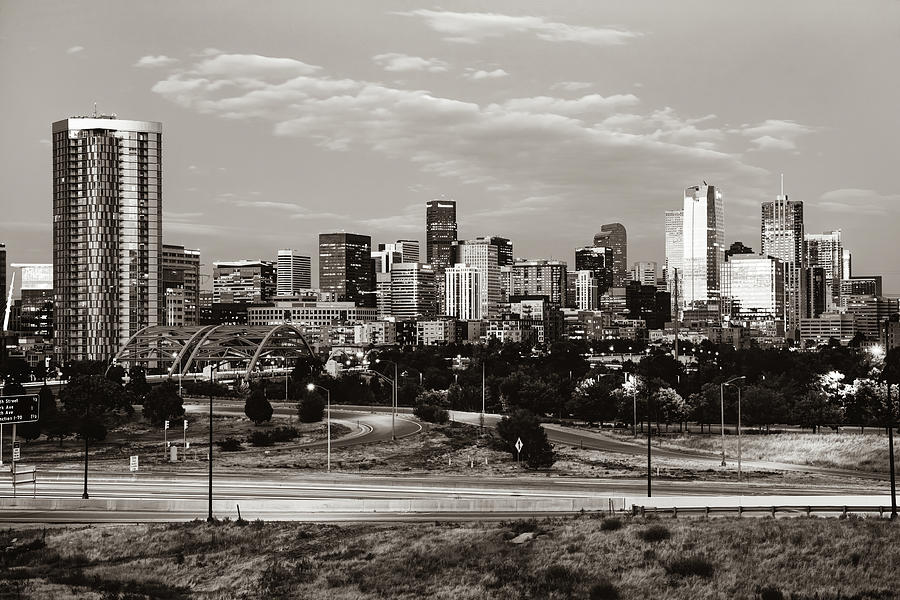 America Photograph - Denver Skyline Morning View in Sepia by Gregory Ballos