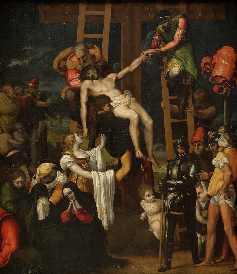 Descent from the Cross, 1547, Spanish School, Oil on panel, 141 cm x 128 cm, P0... Painting by Pedro Machuca -c 1490-1550-
