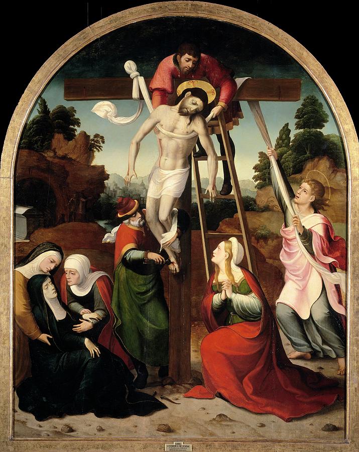 Descent from the Cross, ca. 1545, Spanish School, Oil on panel, 225 cm ... Painting by Juan Correa de Vivar -c 1510-1566- Descent from the Cross, ca. 1545, Spanish School, Oil on panel, 225 cm ... Painting by Juan Correa de Vivar -c 1510-1566-