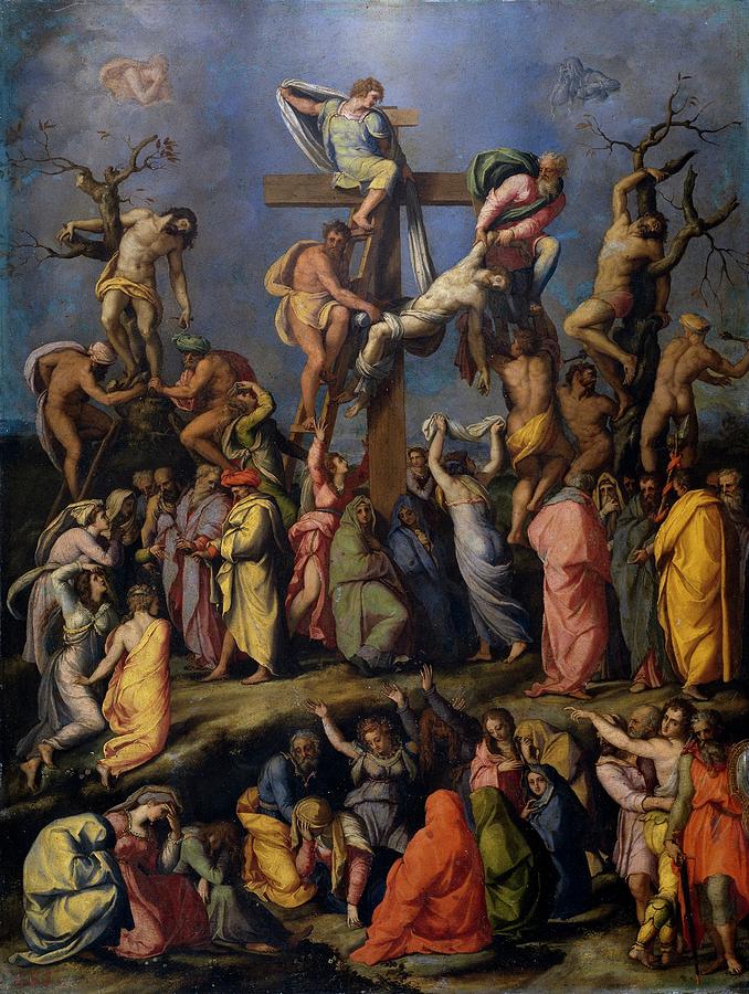 Descent from the Cross, ca. 1560, Italian School, Oil on copper, 70 cm x 5... Painting by Alessandro Allori -1535-1607-
