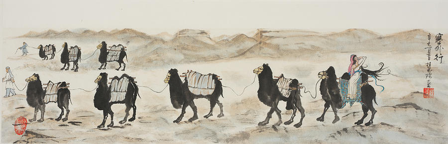 Camel Caravan Outside the Great Wall Painting by Jenny Sanders