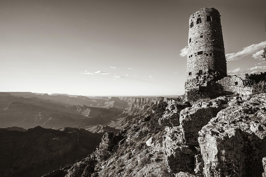 National Parks Photograph - Desert View Watchtower - Grand Canyon Arizona - Sepia by Gregory Ballos