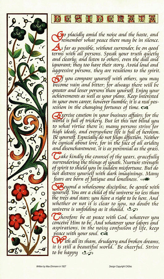 Inspirational Painting - Desiderata Poem by Max Ehrmann Floral Calligraphy Design by Desiderata Gallery