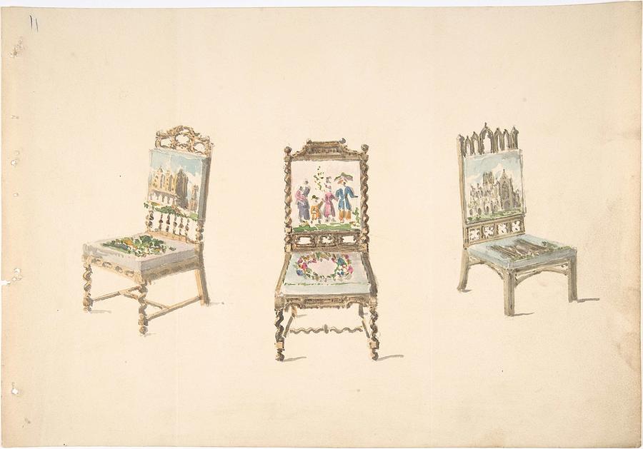 Design for Three Chairs with Slanted Backs, Green, Yellow and Blue Upholstery  Anonymous, British, 1 Painting by MotionAge Designs