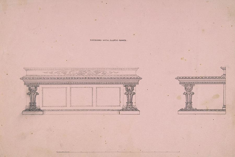 Designs For Sideboard With Elliptic Plinth Drawing by Robert William Hume Designs For Sideboard With Elliptic Plinth Drawing by Robert William Hume