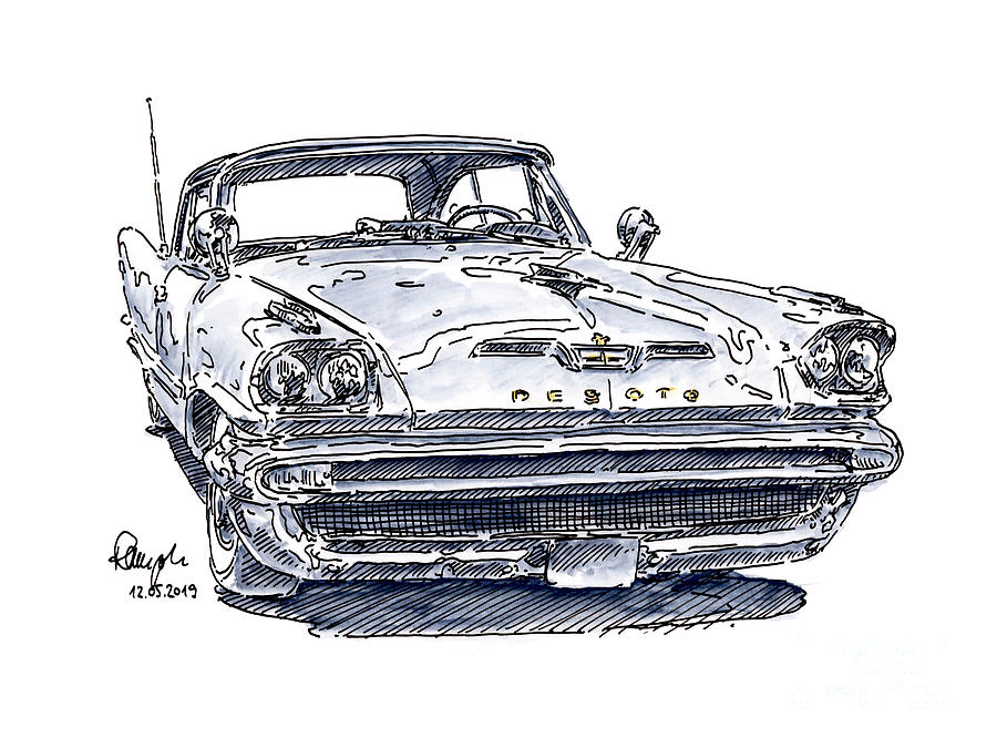 Car Drawing - Desoto Adventurer 1957 Classic Car Ink Drawing and Watercolor by Frank Ramspott