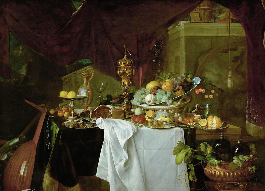 Dessert. Still-life, 1640 Oil on canvas, 149 x 203 cm INV.1321. Painting by Jan Davidsz de Heem -1606-1684-