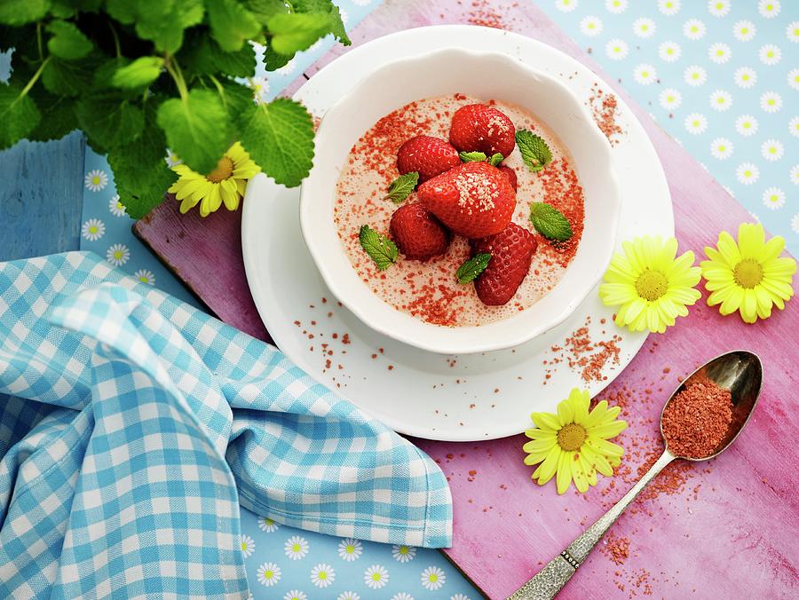 Dessert With Strawberry Cream And Fresh Strawberries Photograph by Mikkel Adsbl