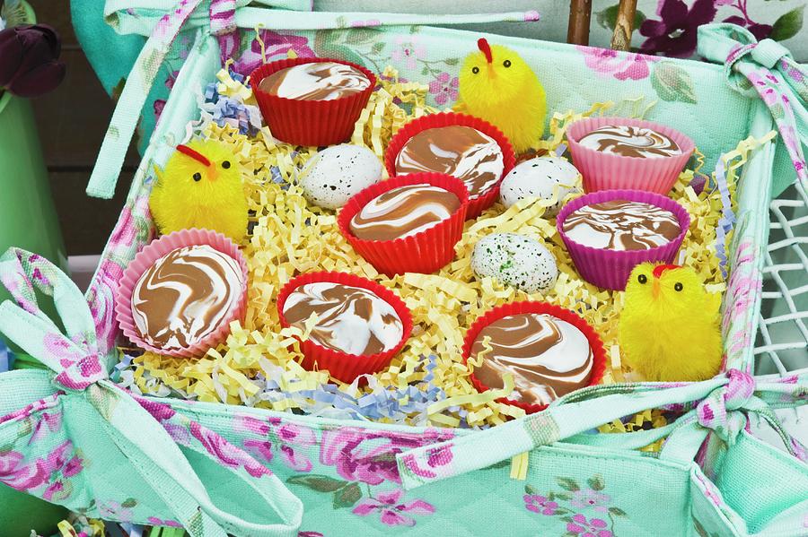 Desserts In Colourful Cases And Easter Decorations In Fabric-covered Box Photograph by Linda Burgess